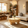 Table basse ronde en loupe avec pieds cylindriques