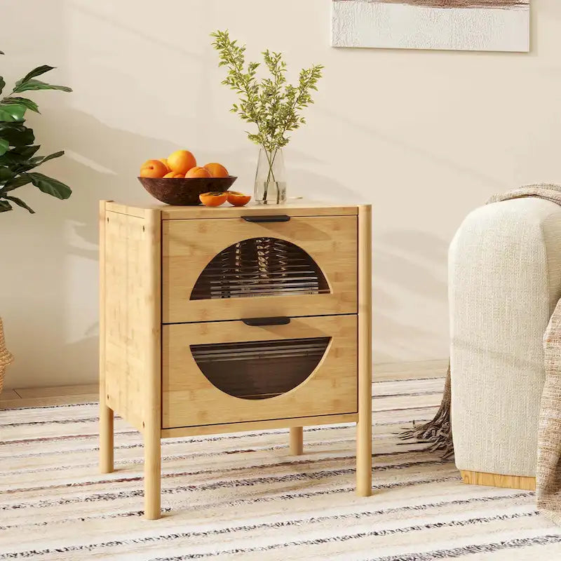 Table de chevet en bambou avec 2 tiroirs de rangement et à cannelures