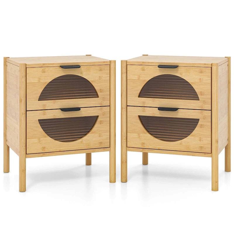 Table de chevet en bambou avec 2 tiroirs de rangement et à cannelures