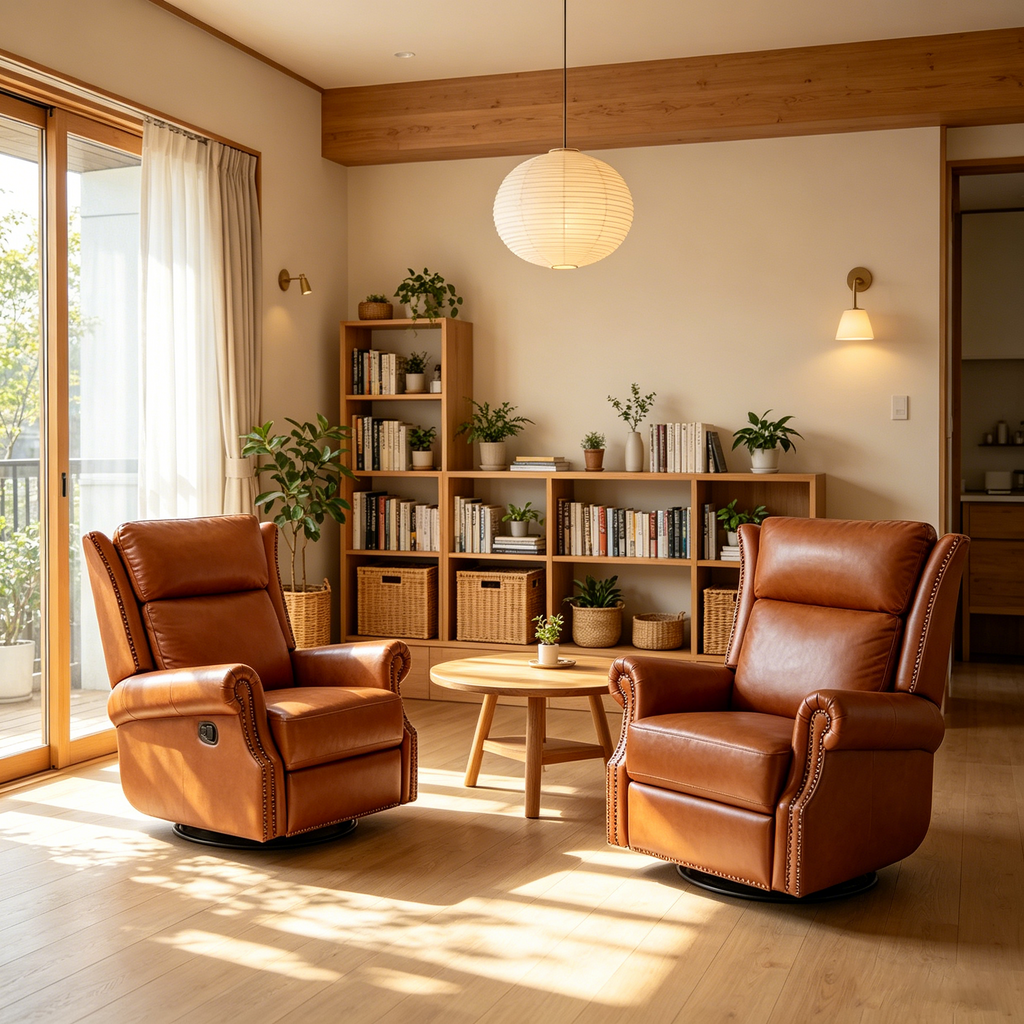 Fauteuil inclinable, pivotant et basculant manuel, traditionnel en cuir véritable