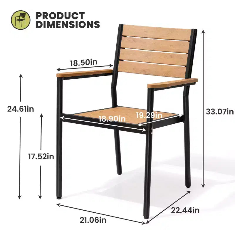 Chaise de salle à manger empilable d'extérieur avec accoudoirs, structure en aluminium et finition aspect bois.