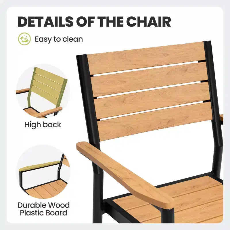 Chaise de salle à manger empilable d'extérieur avec accoudoirs, structure en aluminium et finition aspect bois.