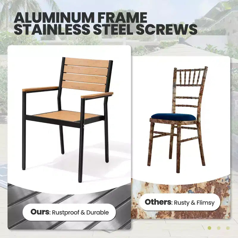 Chaise de salle à manger empilable d'extérieur avec accoudoirs, structure en aluminium et finition aspect bois.