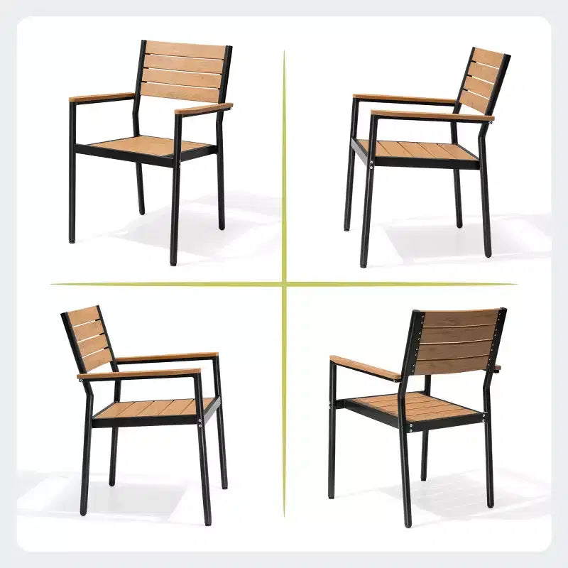 Chaise de salle à manger empilable d'extérieur avec accoudoirs, structure en aluminium et finition aspect bois.