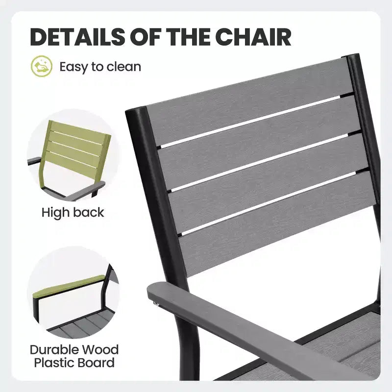 Chaise de salle à manger empilable d'extérieur avec accoudoirs, structure en aluminium et finition aspect bois.
