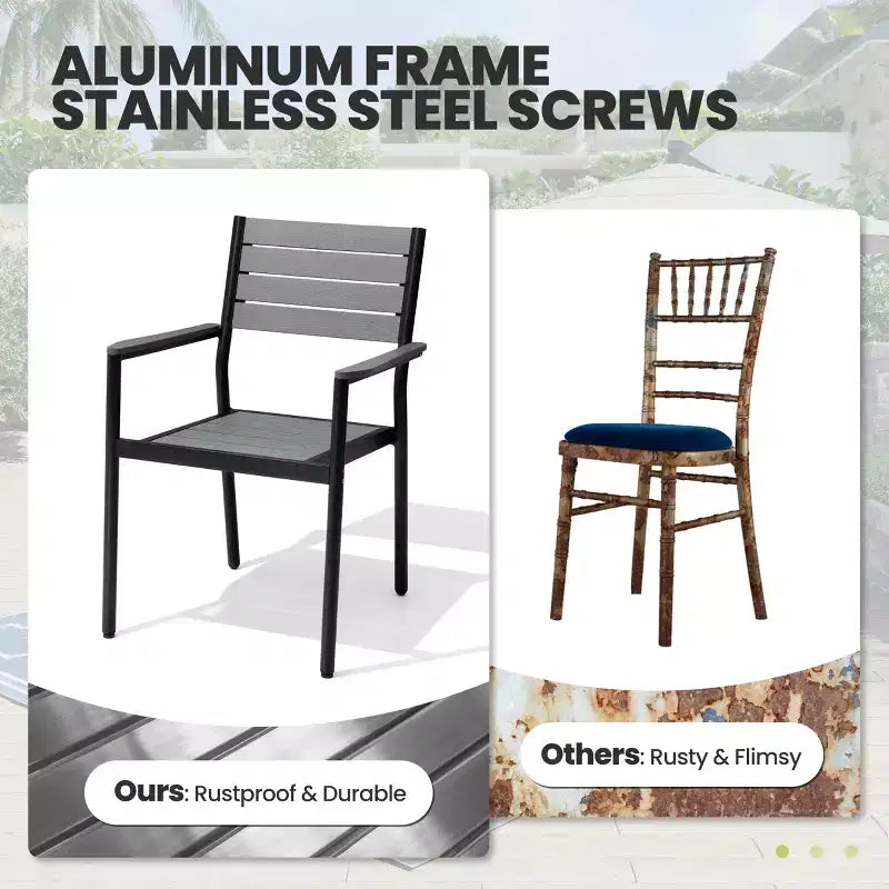 Chaise de salle à manger empilable d'extérieur avec accoudoirs, structure en aluminium et finition aspect bois.