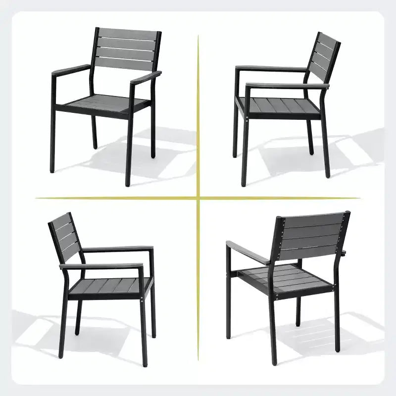 Chaise de salle à manger empilable d'extérieur avec accoudoirs, structure en aluminium et finition aspect bois.