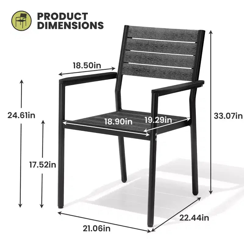 Chaise de salle à manger empilable d'extérieur avec accoudoirs, structure en aluminium et finition aspect bois.