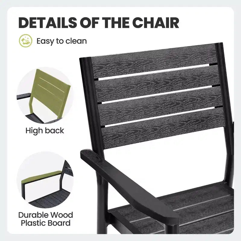 Chaise de salle à manger empilable d'extérieur avec accoudoirs, structure en aluminium et finition aspect bois.