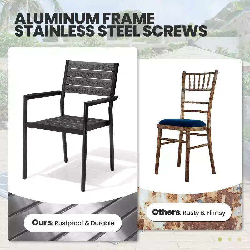 Chaise de salle à manger empilable d'extérieur avec accoudoirs, structure en aluminium et finition aspect bois.