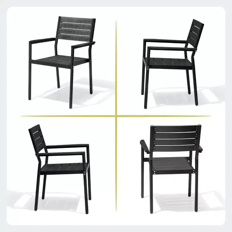 Chaise de salle à manger empilable d'extérieur avec accoudoirs, structure en aluminium et finition aspect bois.