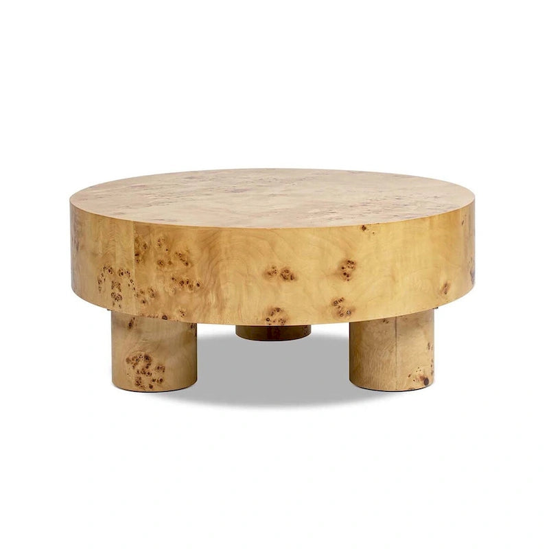 Table basse ronde en loupe avec pieds cylindriques