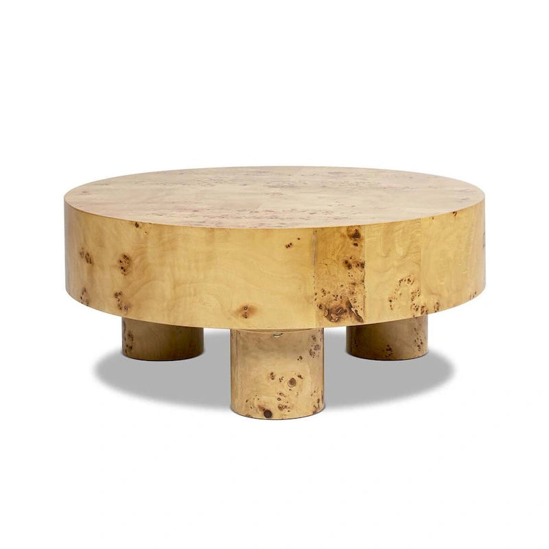 Table basse ronde en loupe avec pieds cylindriques