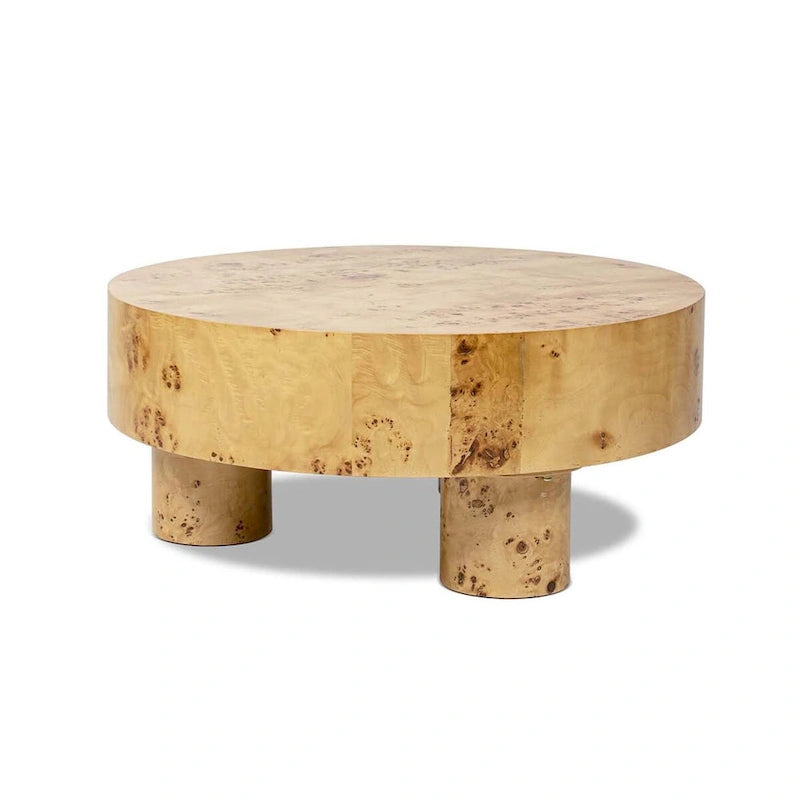Table basse ronde en loupe avec pieds cylindriques