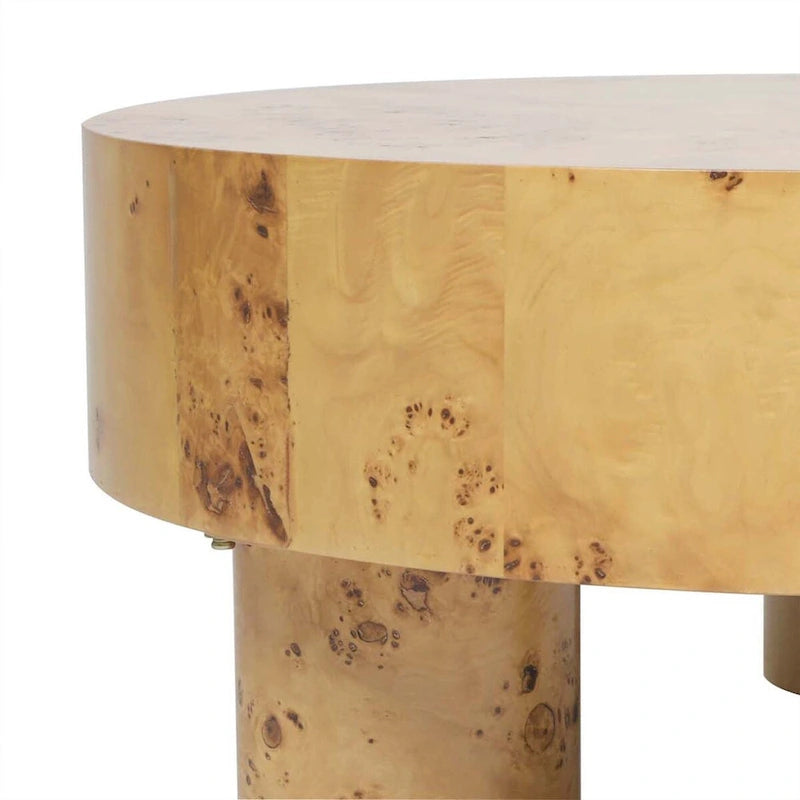Table basse ronde en loupe avec pieds cylindriques