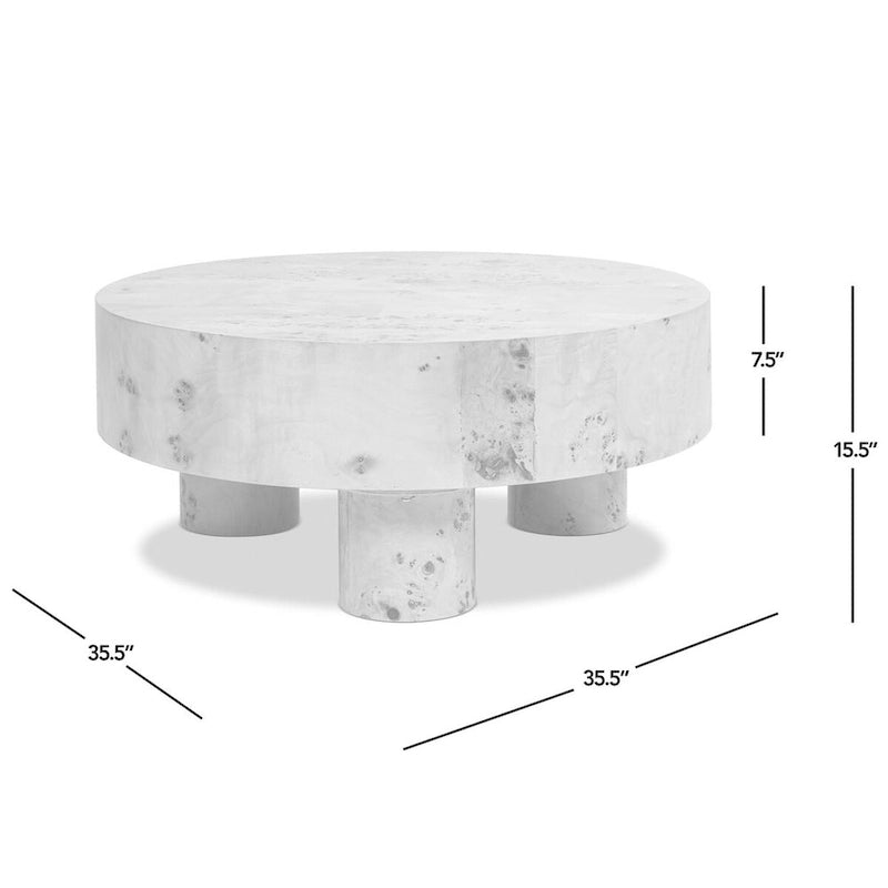 Table basse ronde en loupe avec pieds cylindriques