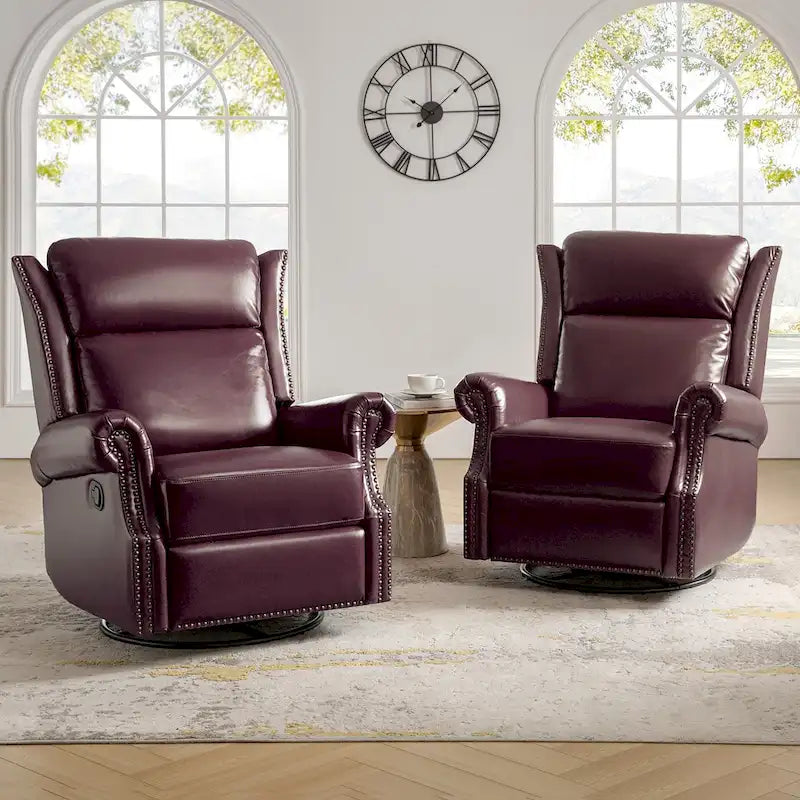 Fauteuil inclinable, pivotant et basculant manuel, traditionnel en cuir véritable