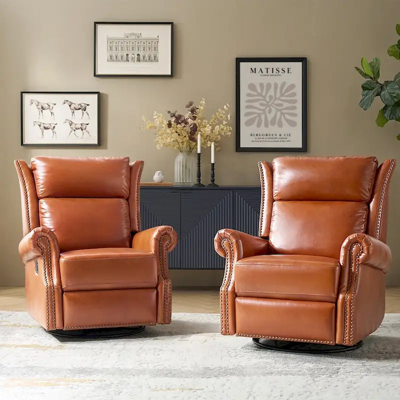 Fauteuil inclinable, pivotant et basculant manuel, traditionnel en cuir véritable