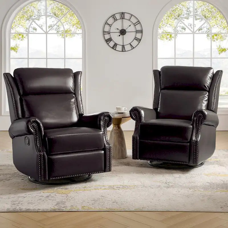 Fauteuil inclinable, pivotant et basculant manuel, traditionnel en cuir véritable