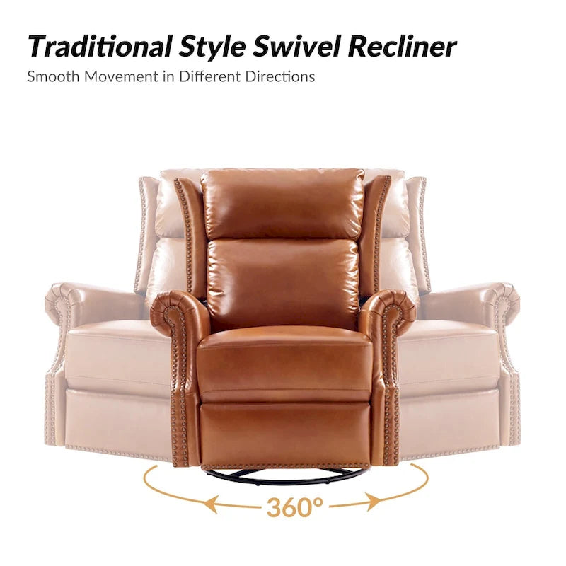 Fauteuil inclinable, pivotant et basculant manuel, traditionnel en cuir véritable