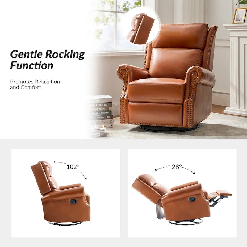 Fauteuil inclinable, pivotant et basculant manuel, traditionnel en cuir véritable