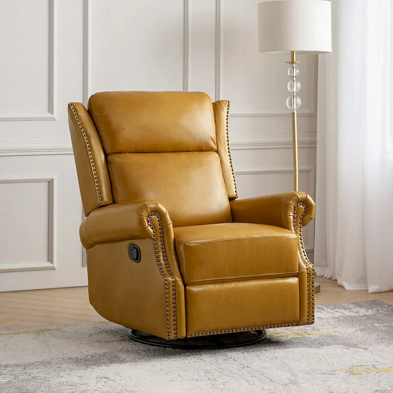 Fauteuil inclinable, pivotant et basculant manuel, traditionnel en cuir véritable