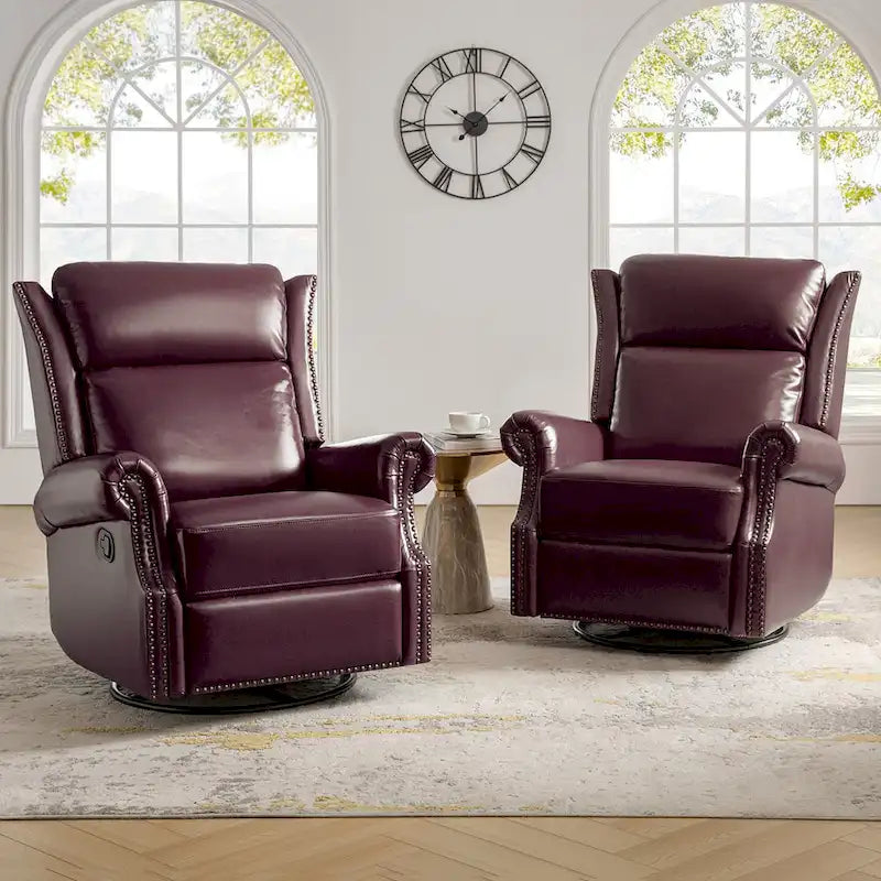 Fauteuil inclinable, pivotant et basculant manuel, traditionnel en cuir véritable