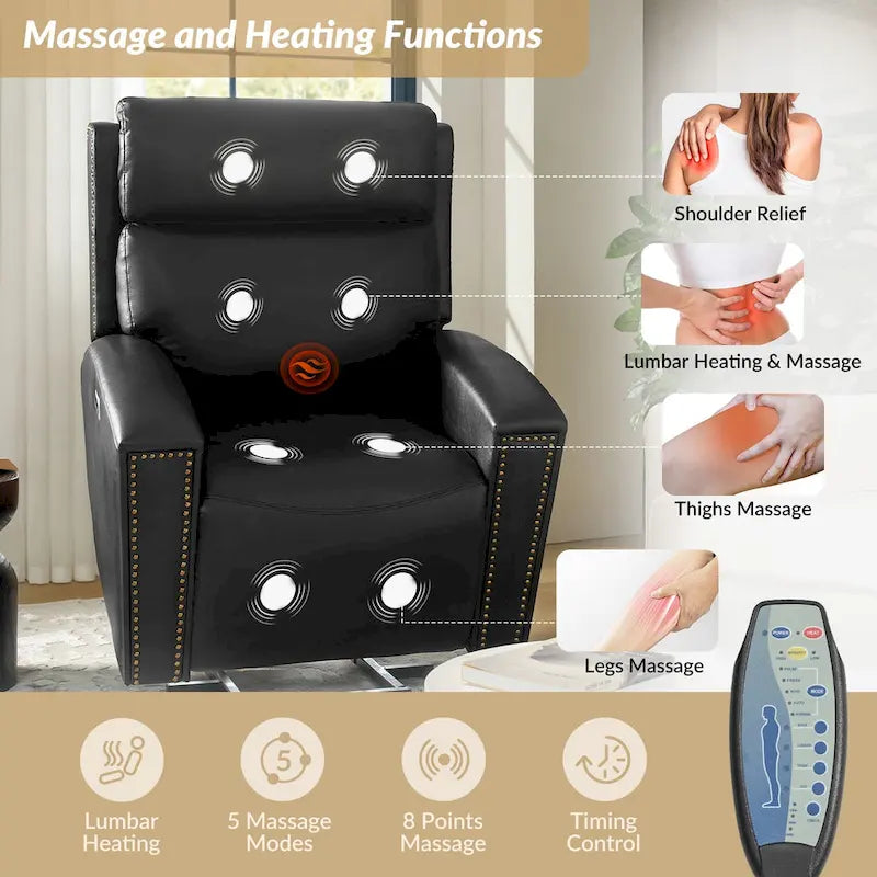 Fauteuil inclinable releveur avec fonctions massage et chauffage, port de chargement intégré