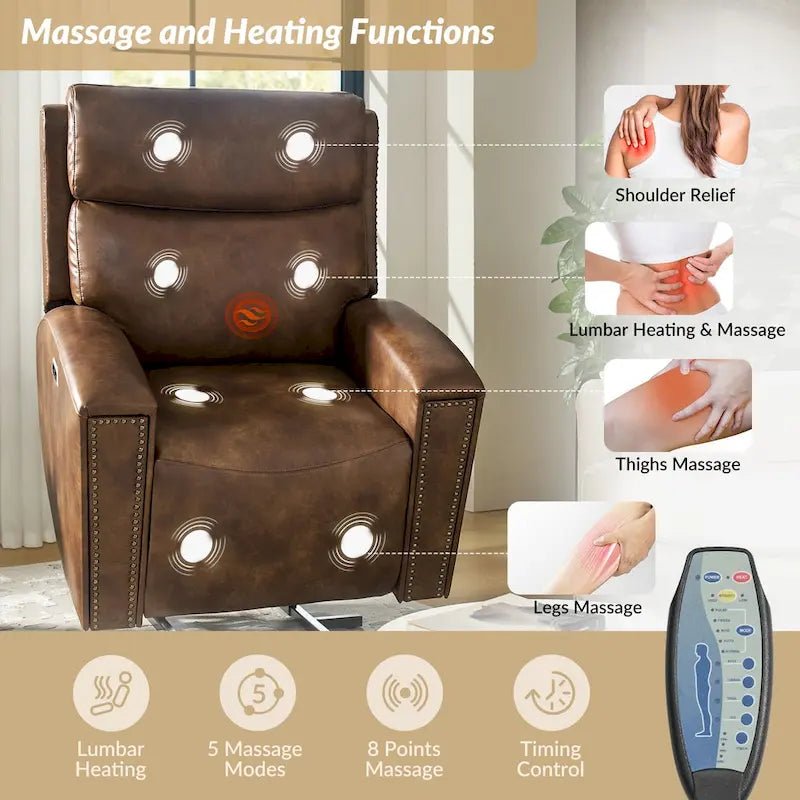 Fauteuil inclinable releveur avec fonctions massage et chauffage, port de chargement intégré