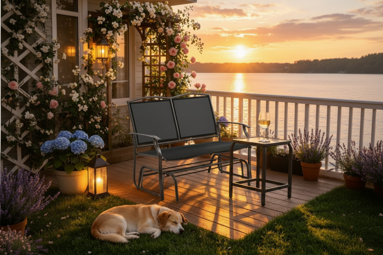 Patio Glider Bench at Sunset - 16:9